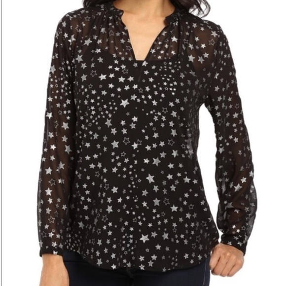 Vince Camuto Women’s Sheer Black Silver Star Print V Neck Blouse Size: Medium - Picture 1 of 8